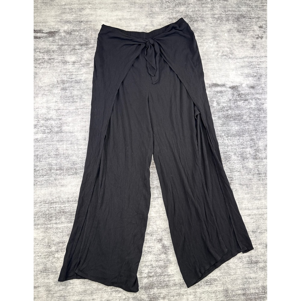 Kona Sol Womens Black Crinkle Wrap Front Side Slit Swim Cover Up Pants Large